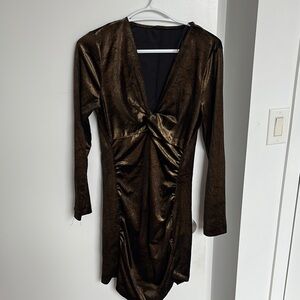 Zara Brown Ruched Bodycon Dress Long Sleeve Plunge